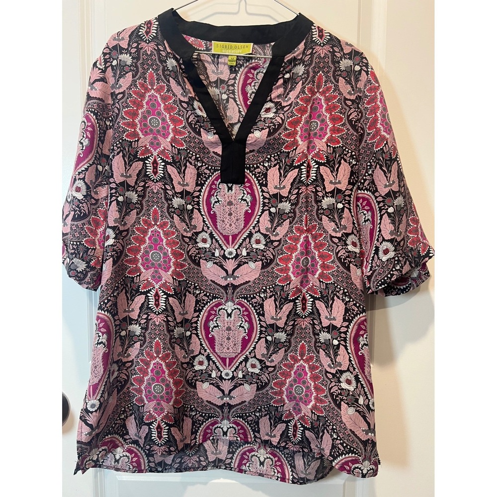 Sigrid Olsen Signature Silk Paisley V Neck 3/4 Sleeve Tunic Top Womens M‎